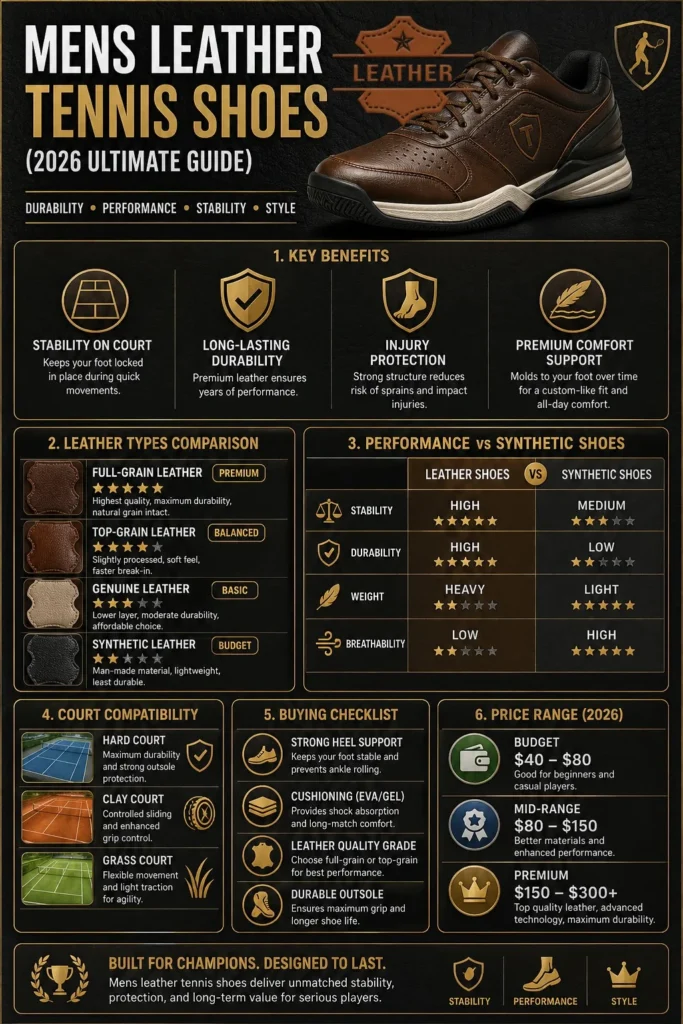 Mens leather tennis shoes infographic 2026 showing durability, performance benefits, leather types comparison, court compatibility, and buying guide for athletes.
