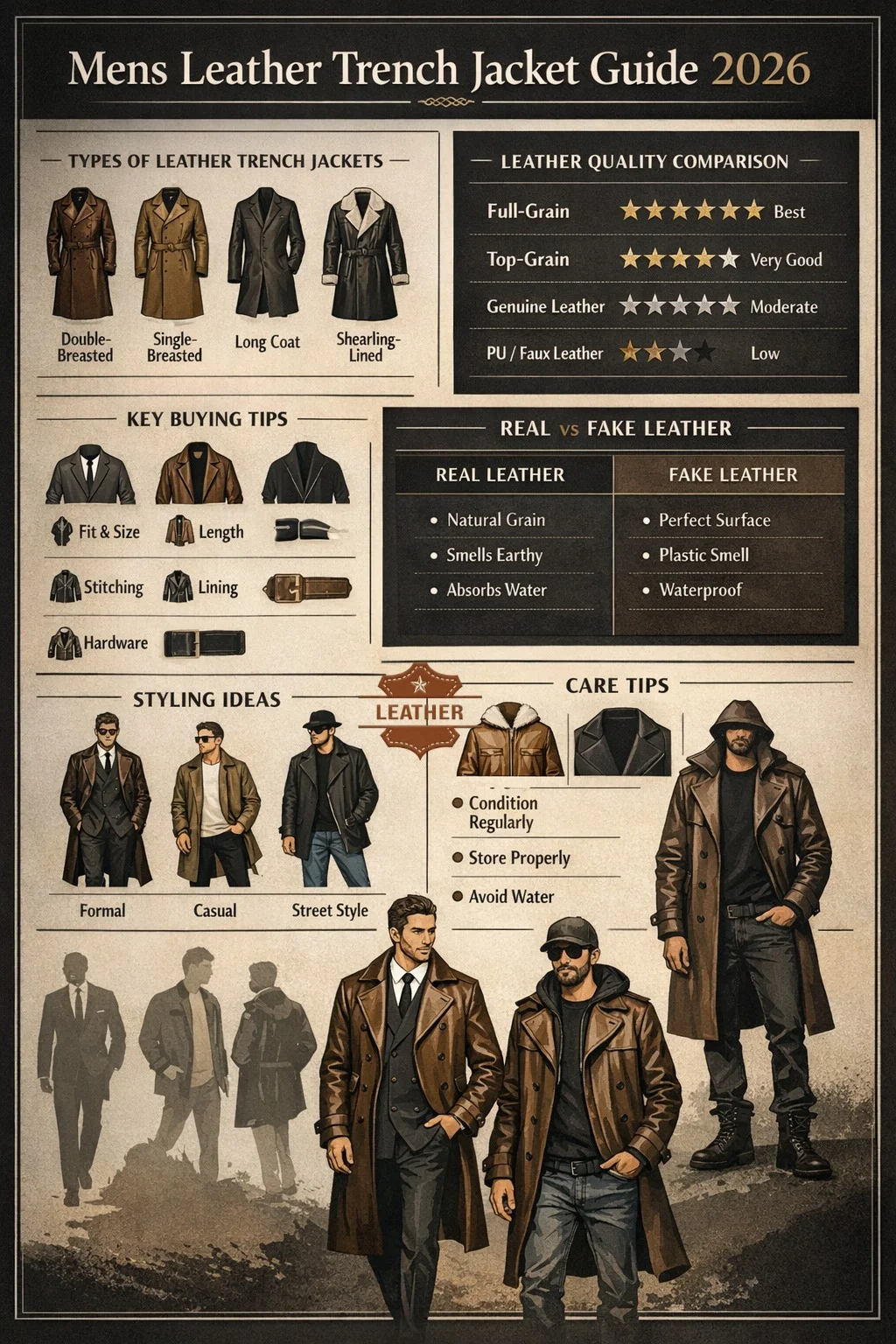 Men's leather trench jacket infographic showing types, leather quality comparison, buying tips, styling ideas, and care guide for 2026