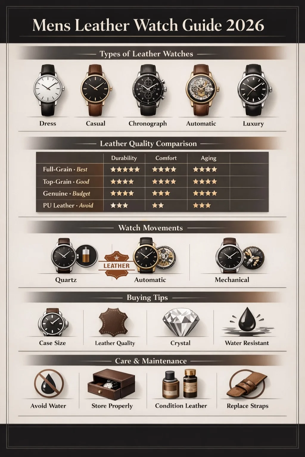 "Infographic showing Men's Leather Watch Guide 2026 with types of watches, leather quality comparison, movements, buying tips, and maintenance advice in a sleek neutral design."