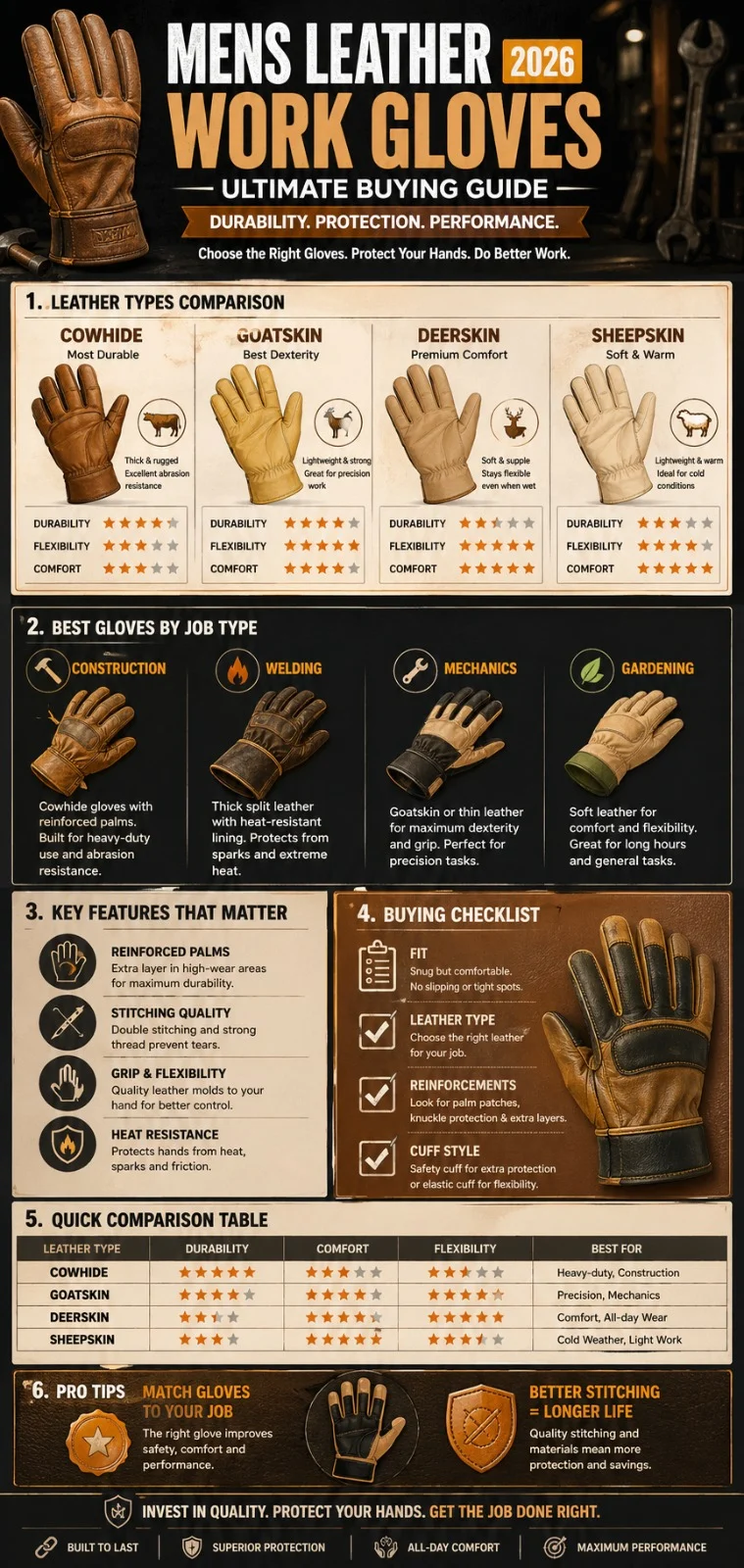Men's leather work gloves infographic showing leather types comparison, best gloves by job type, key features, and buying guide for durability and safety.