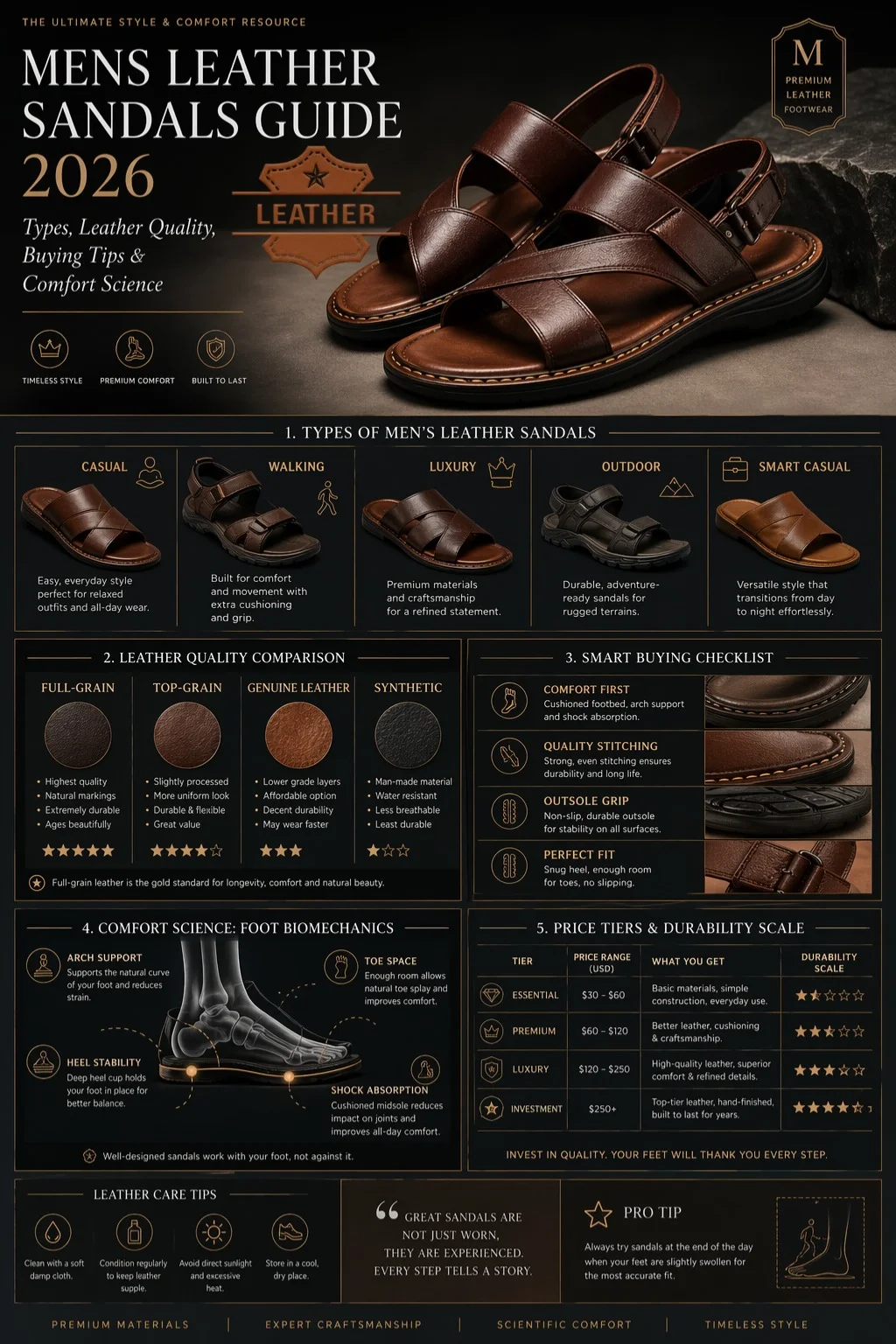 Men's leather sandals guide infographic 2026 showing types, leather quality comparison, buying tips, and comfort features for durable footwear selection.