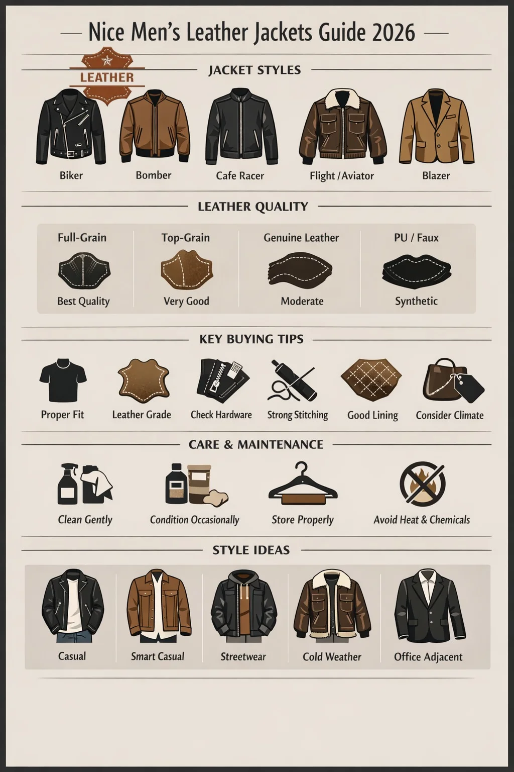Infographic showing Nice Men’s Leather Jackets Guide 2026 with styles, leather types, buying tips, care instructions, and outfit ideas for men.