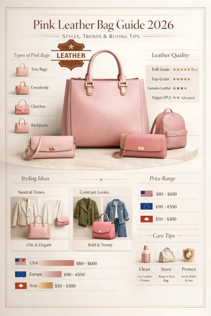 Pink leather bag guide 2026 infographic showing styles, leather types, buying tips, fashion trends, and luxury pink handbag designs in a modern aesthetic layout.