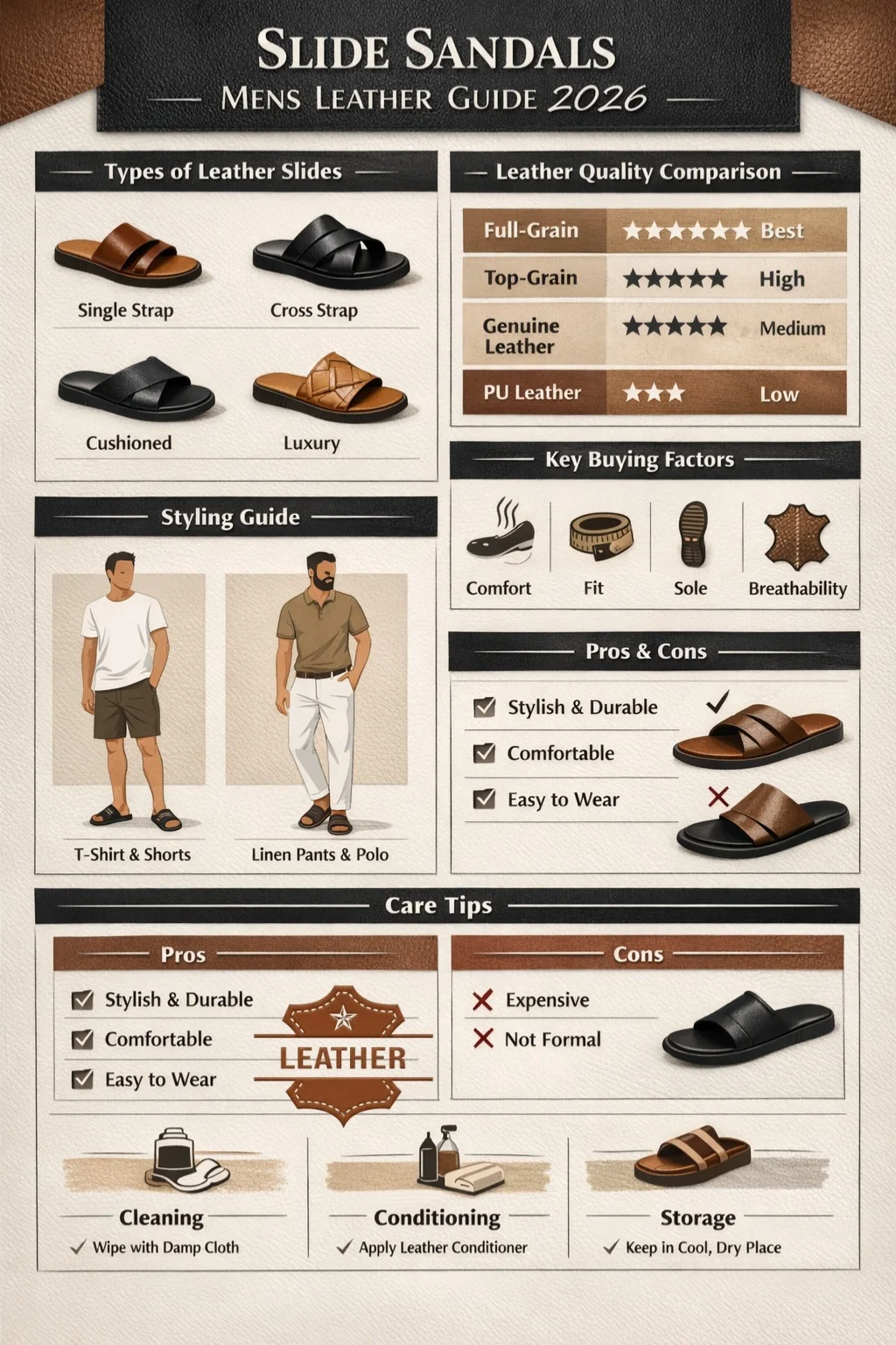 Slide sandals men's leather infographic showing types, leather quality comparison, buying tips, styling ideas, pros, and care guide for men 2026.