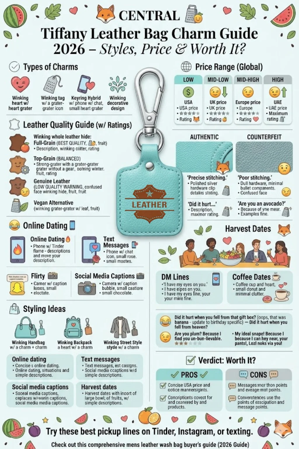 Tiffany leather bag charm infographic showing styles, leather quality, price comparison, real vs fake tips, and 2026 buying guide