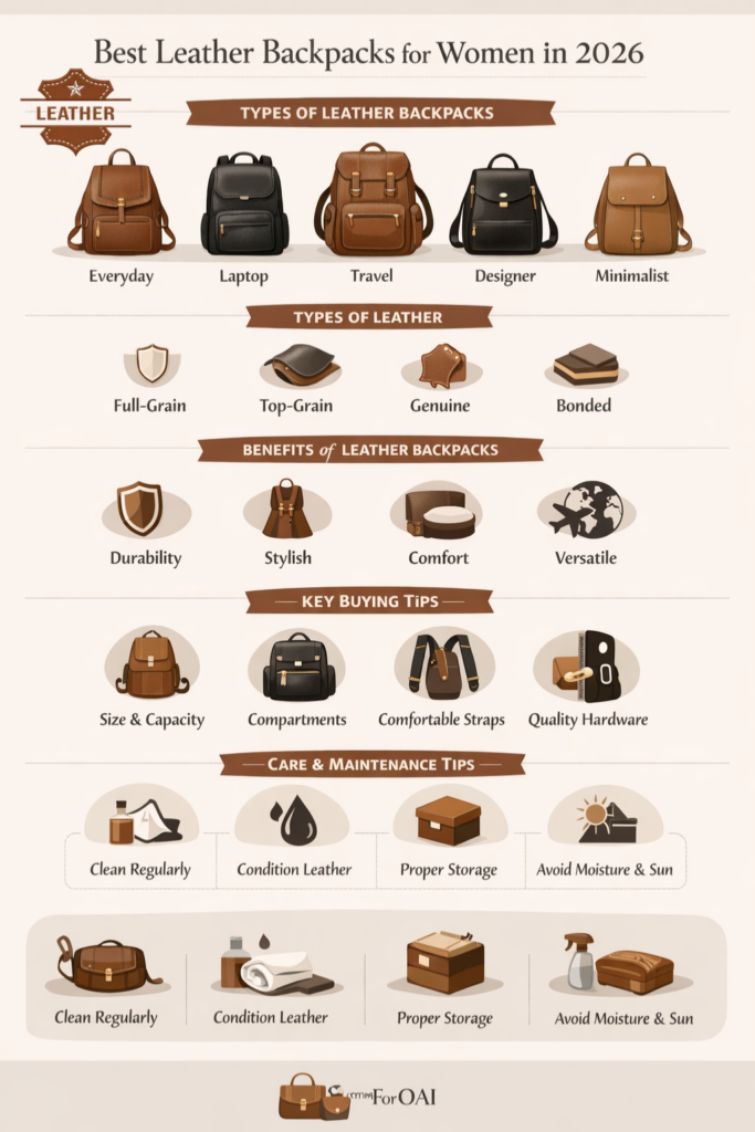 “Infographic showing best leather backpacks for women in 2026 with types, leather quality, benefits, buying tips, and care instructions.”