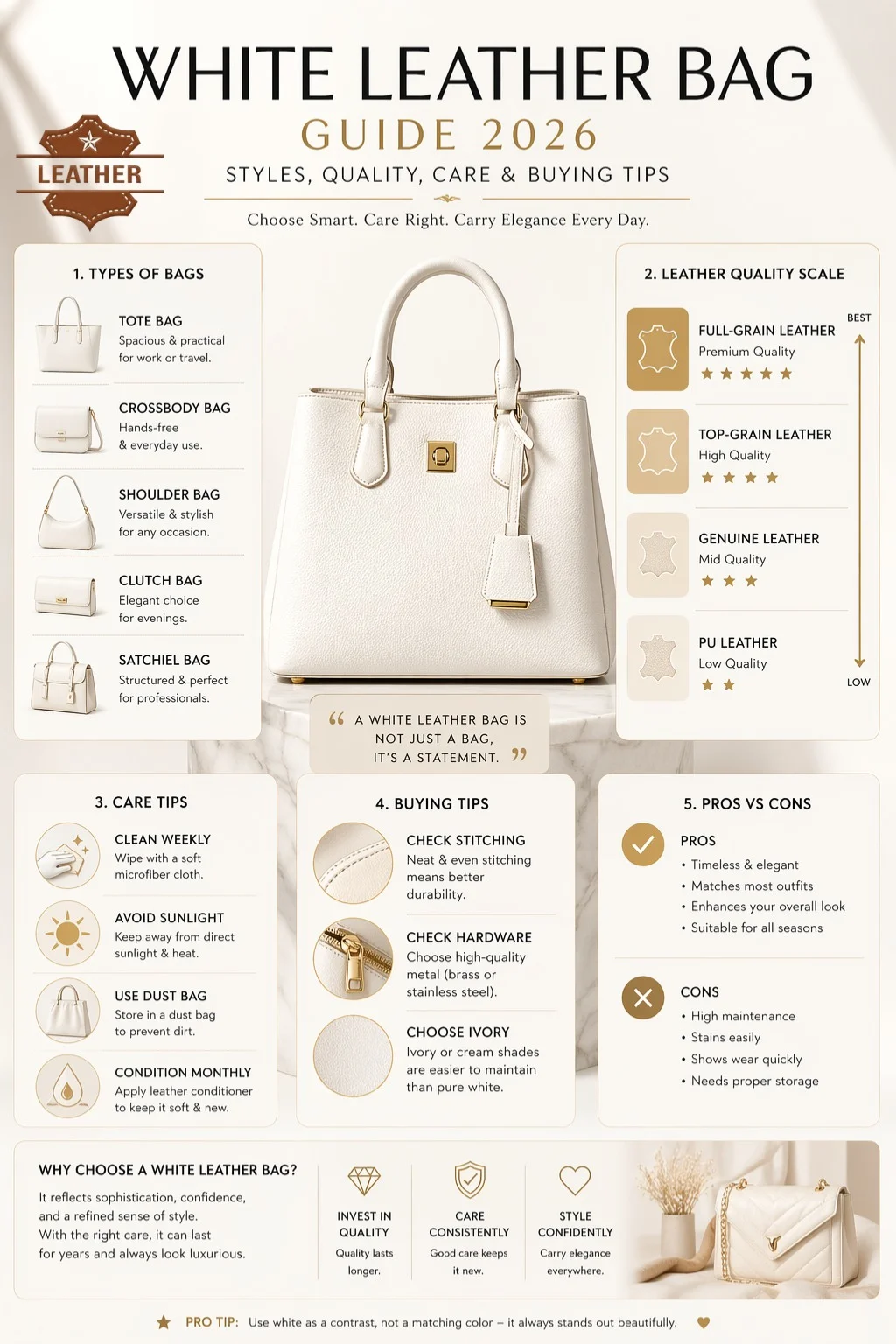 White leather bag guide infographic 2026 showing types, leather quality comparison, care tips, and buying advice for luxury handbags.