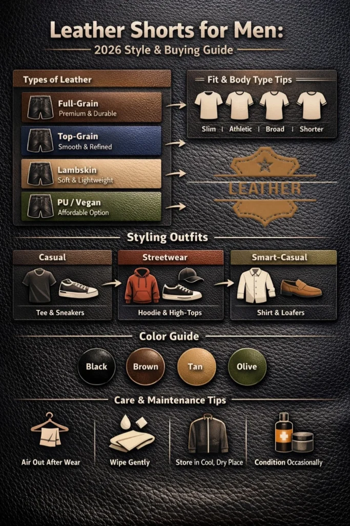 "Infographic showing 2026 style guide for men’s leather shorts, including leather types, fit tips, styling options, color guide, and care instructions."