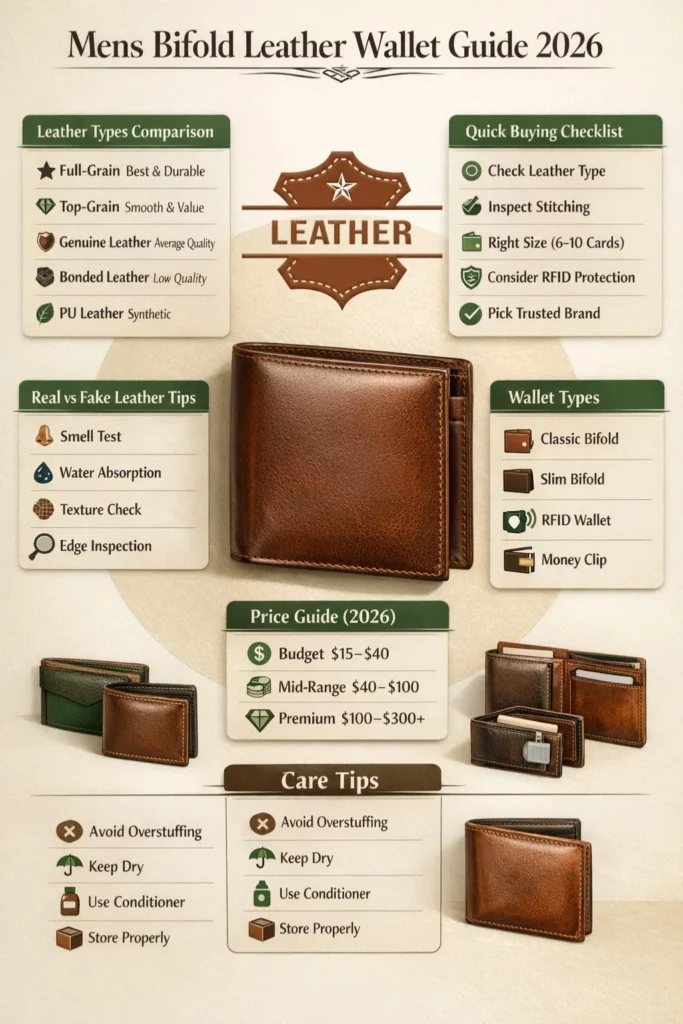 Mens bifold leather wallet infographic showing leather types comparison, buying checklist, real vs fake leather tips, wallet styles, pricing guide, and care tips for 2026.