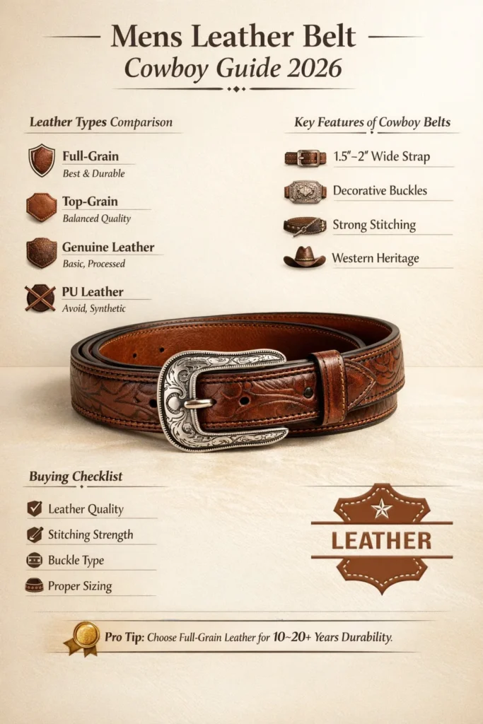Men's leather belt cowboy guide infographic 2026 showing leather types comparison, buying tips, sizing guide, and premium Western belt style design.