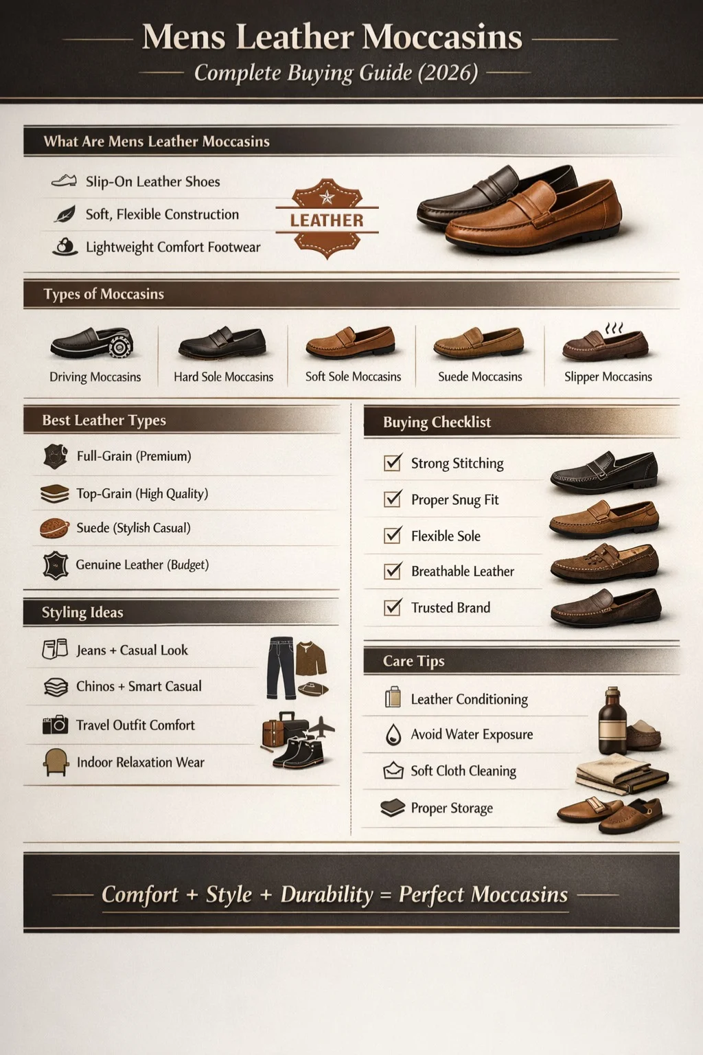 Men's leather moccasins complete buying guide infographic showing types, leather quality, styling tips, and care instructions for 2026.