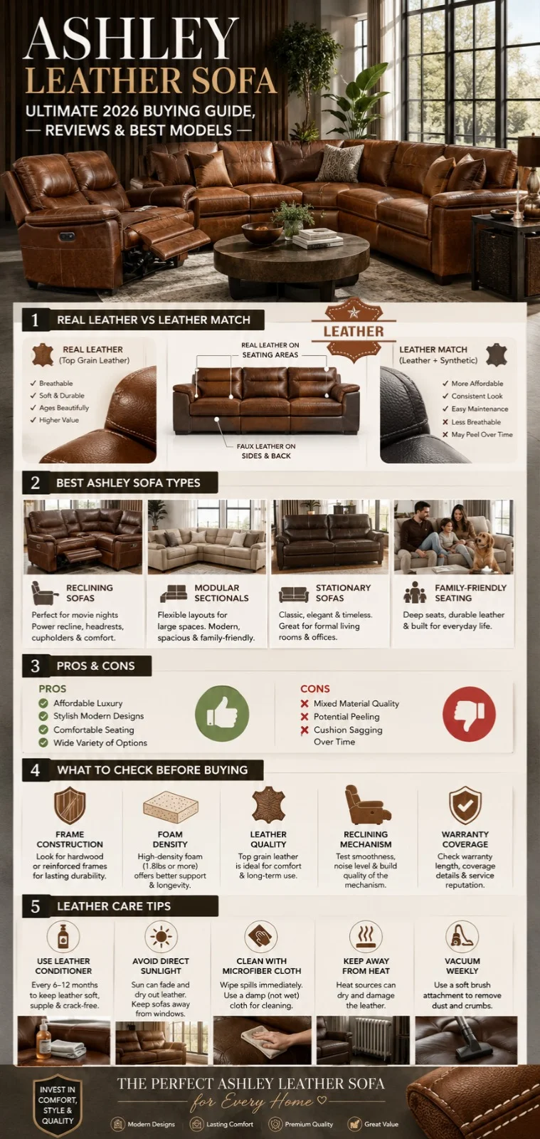 Ashley leather sofa infographic showing real leather vs leather match, best Ashley sofa models, reclining sectionals, buying guide, pros and cons, and leather care tips for 2026.