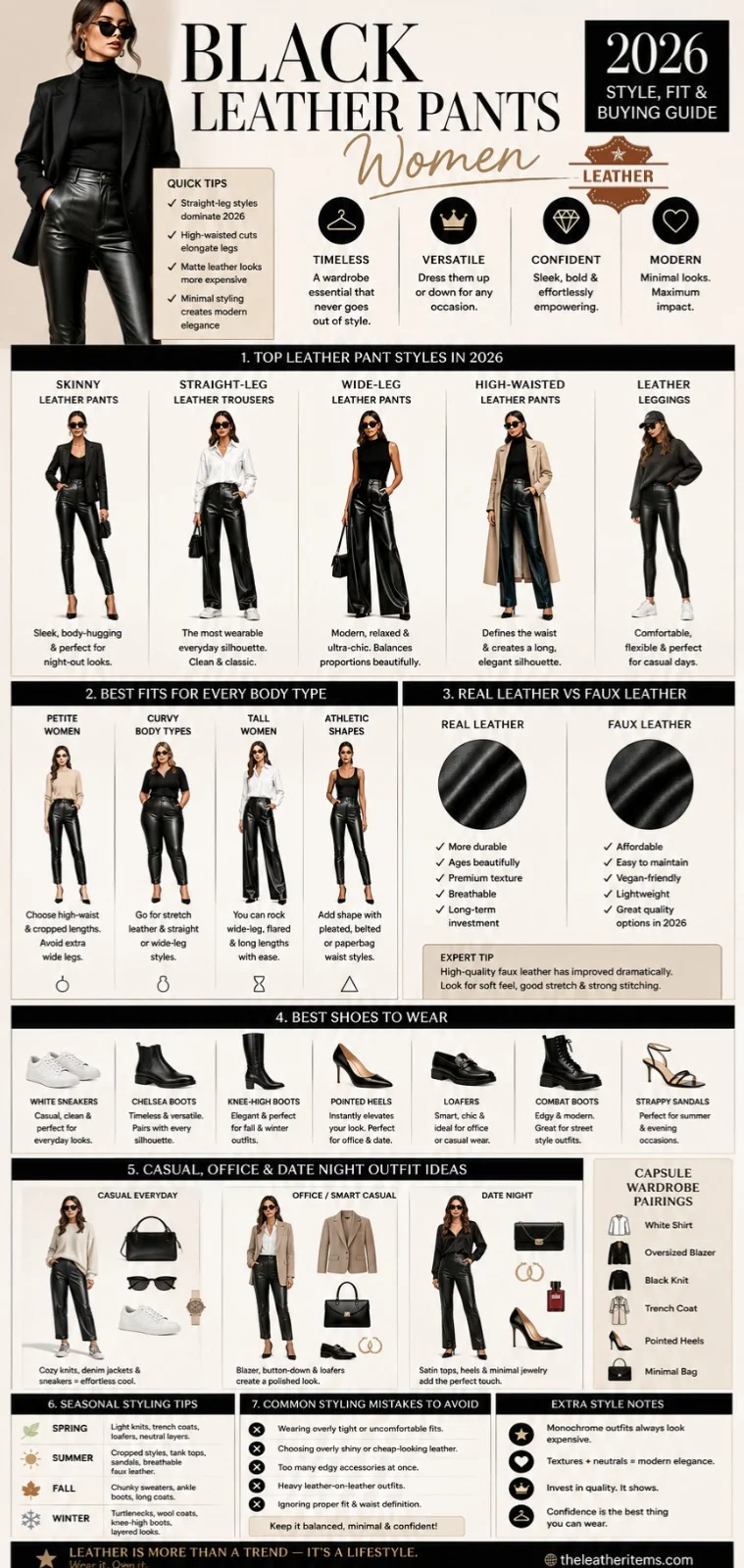 Black leather pants women infographic showing 2026 leather pant styles, outfit ideas, body type fits, shoe pairings, and real vs faux leather fashion guide.