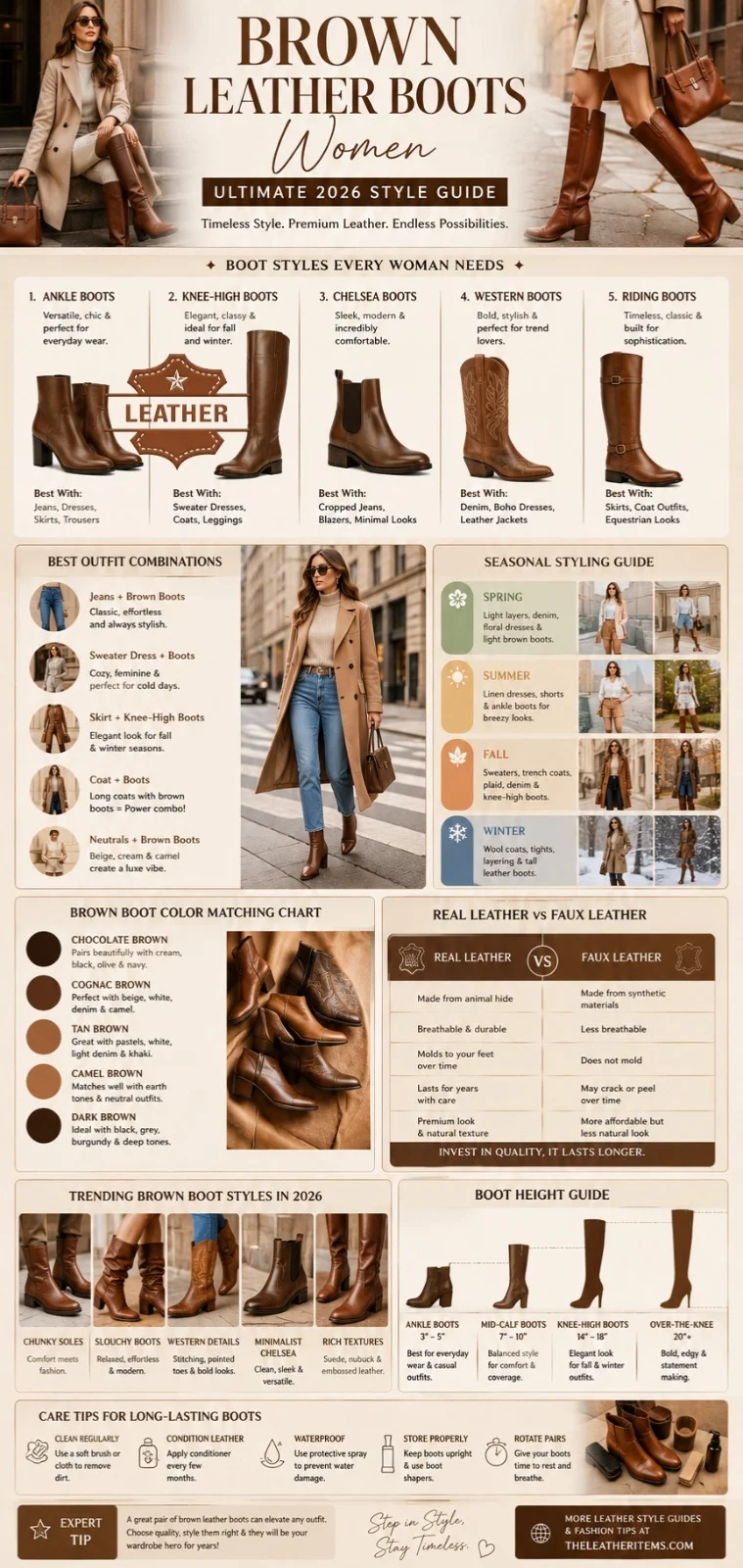 “Brown leather boots women infographic showing ankle boots, knee-high boots, outfit ideas, color matching, and 2026 fashion trends.”