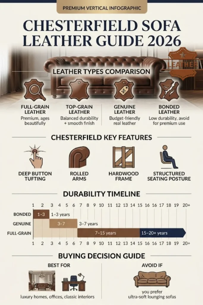 Chesterfield sofa leather guide infographic showing leather types comparison, durability chart, features, and buying tips for luxury leather sofas 2026.