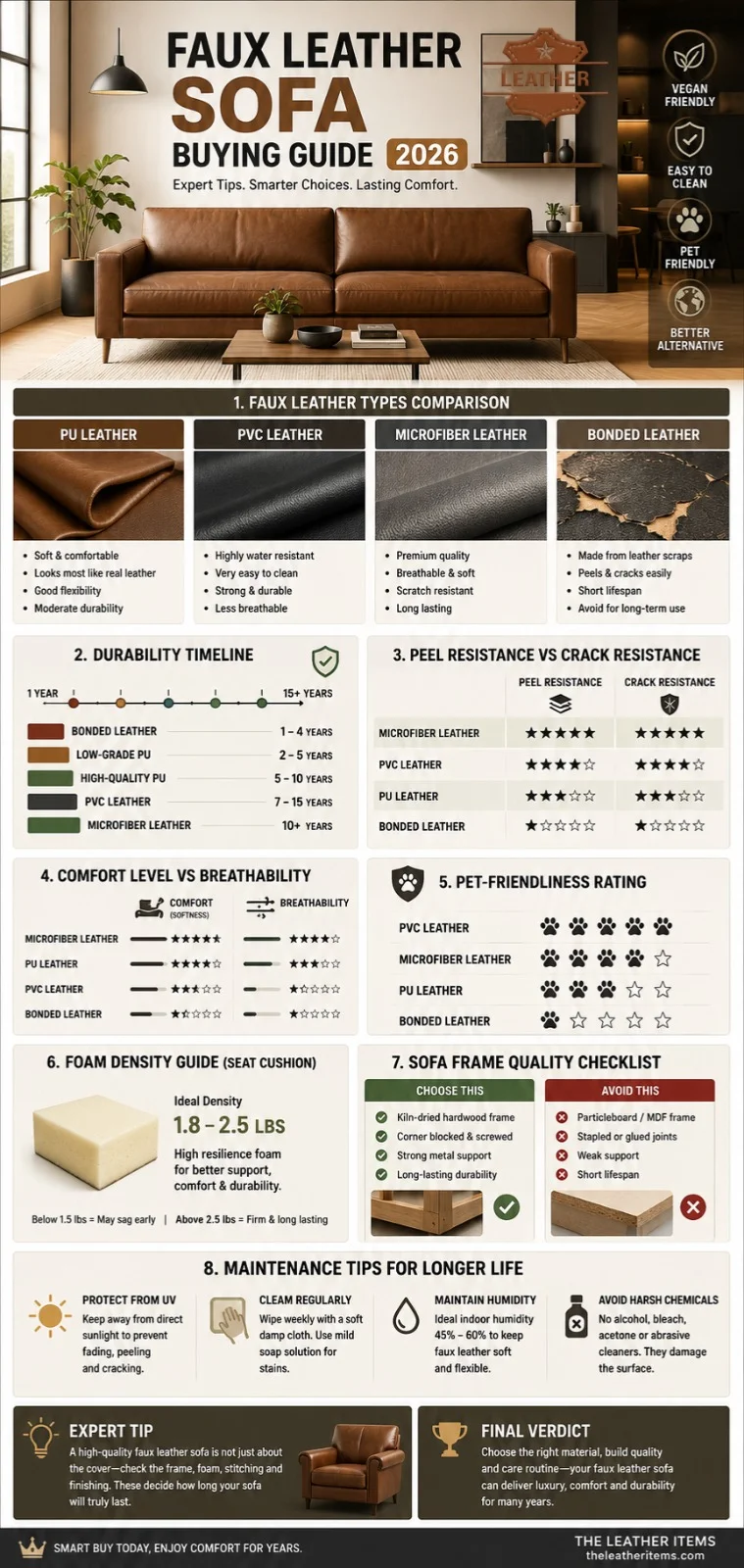 Faux leather sofa buying guide infographic 2026 showing PU vs PVC vs microfiber leather comparison, durability, comfort, and maintenance tips for buyers.