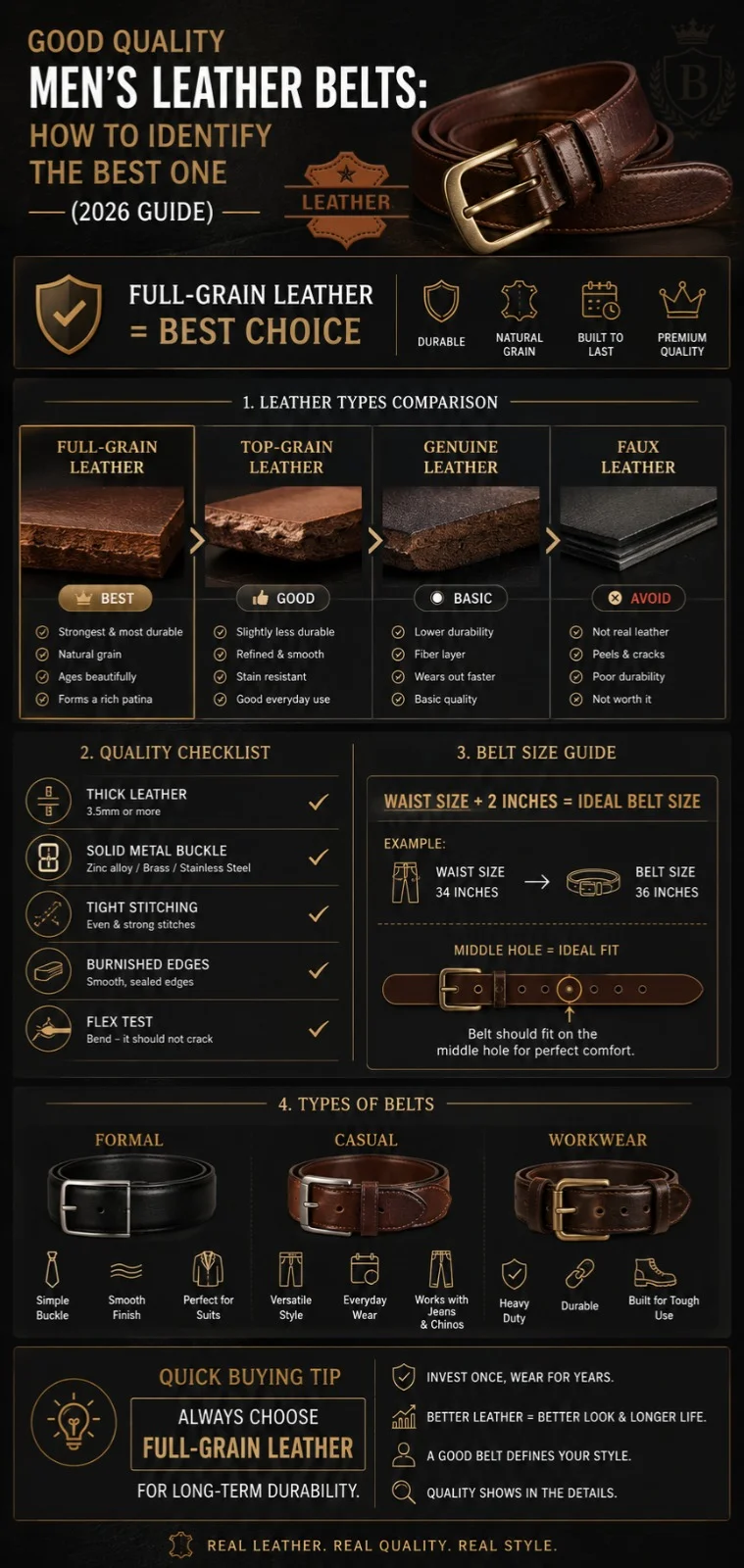 Infographic showing how to choose good quality men’s leather belts, comparing full-grain, top-grain, and genuine leather with a size guide and buying checklist tips.