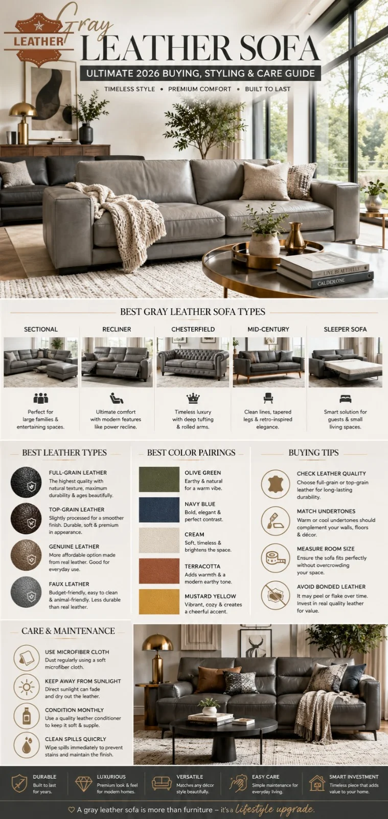Luxury modern living room featuring a premium gray leather sofa with stylish décor ideas, leather buying tips, color combinations, and care guide infographic.