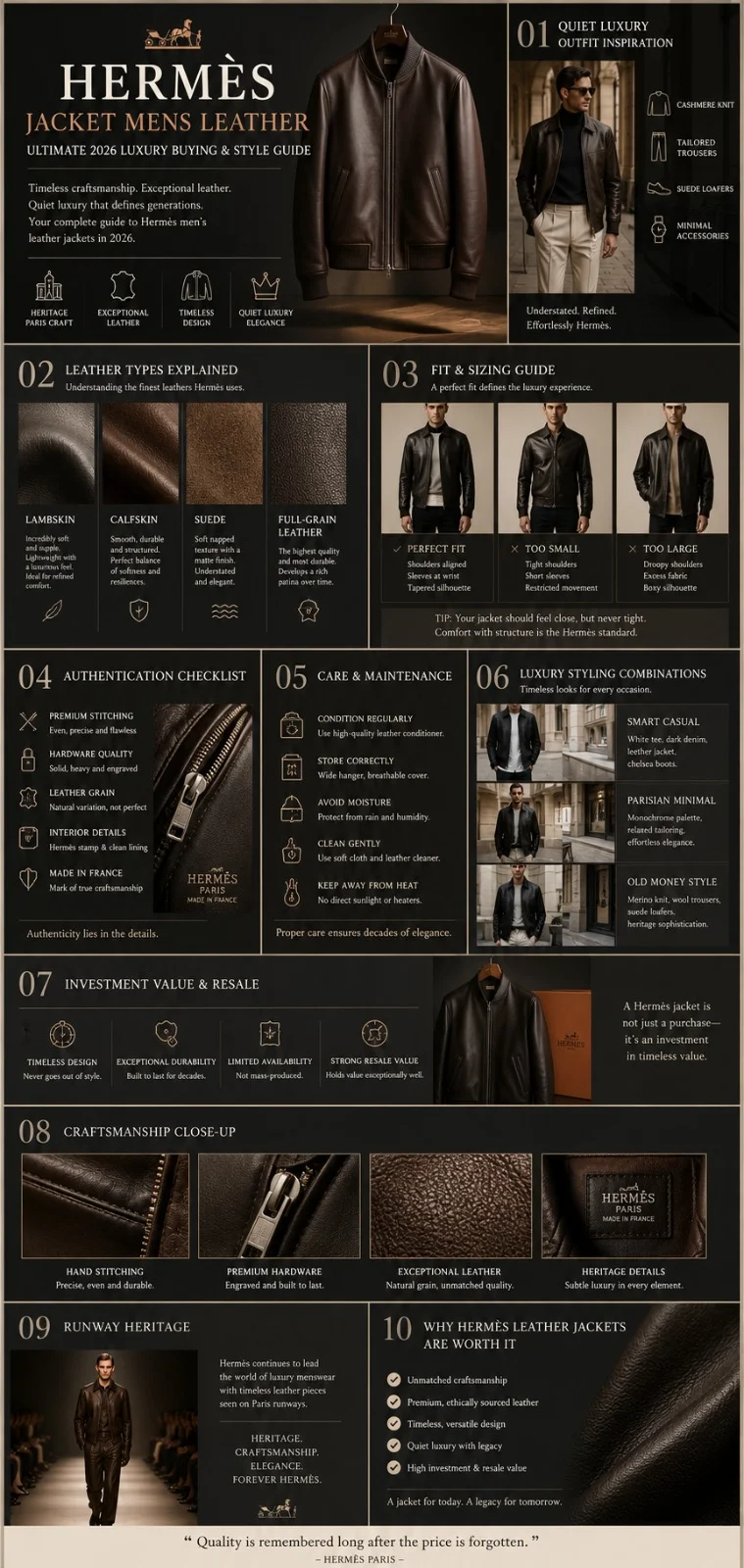 Hermès men’s leather jacket luxury infographic featuring bomber jacket styling, leather types, fit guide, craftsmanship, authentication tips, and quiet luxury menswear inspiration.