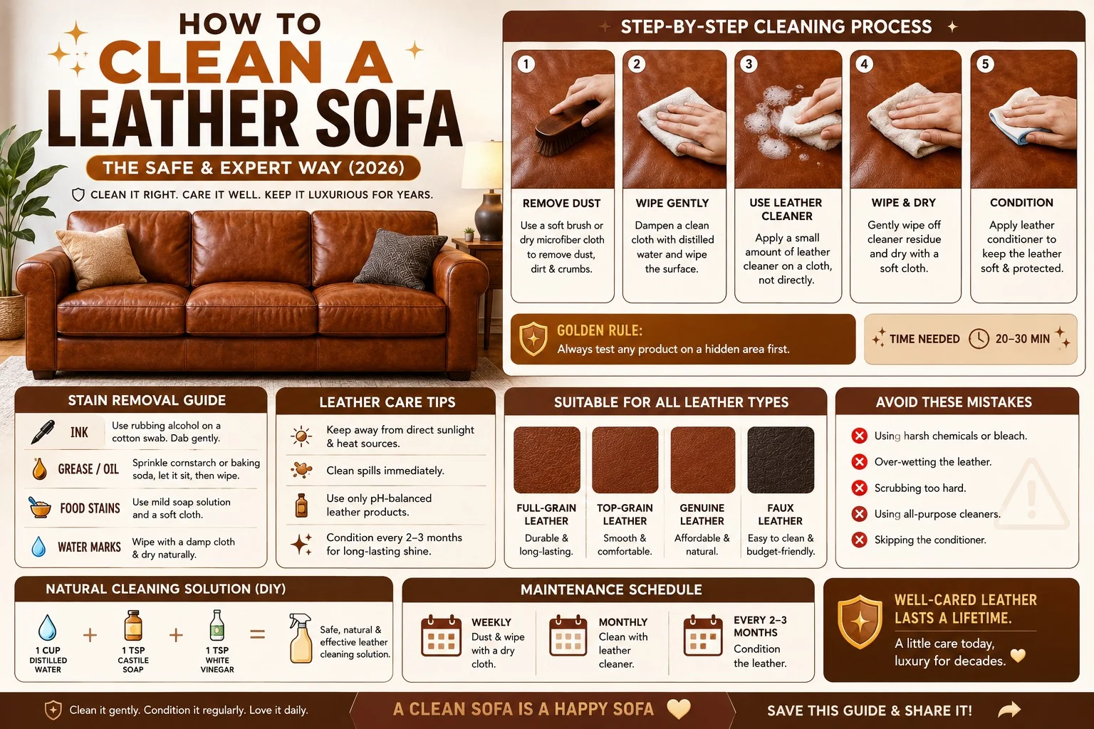 Expert infographic showing how to clean a leather sofa safely with stain removal tips, leather care methods, conditioner advice, and maintenance schedule.