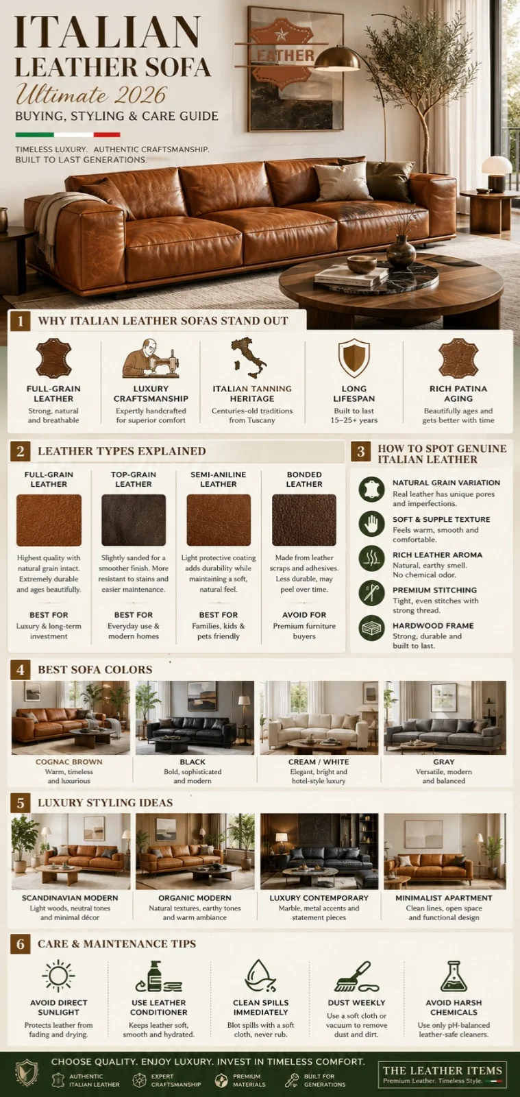 Luxury Italian leather sofa infographic showing leather types, buying guide, styling ideas, color inspiration, and care tips for modern living rooms in 2026.