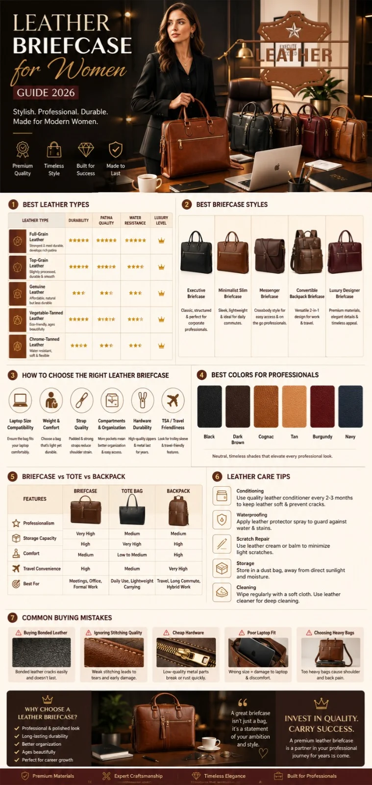 Luxury leather briefcase for women infographic showing leather types, work bag styles, color options, buying guide, and professional office bag comparisons for 2026.
