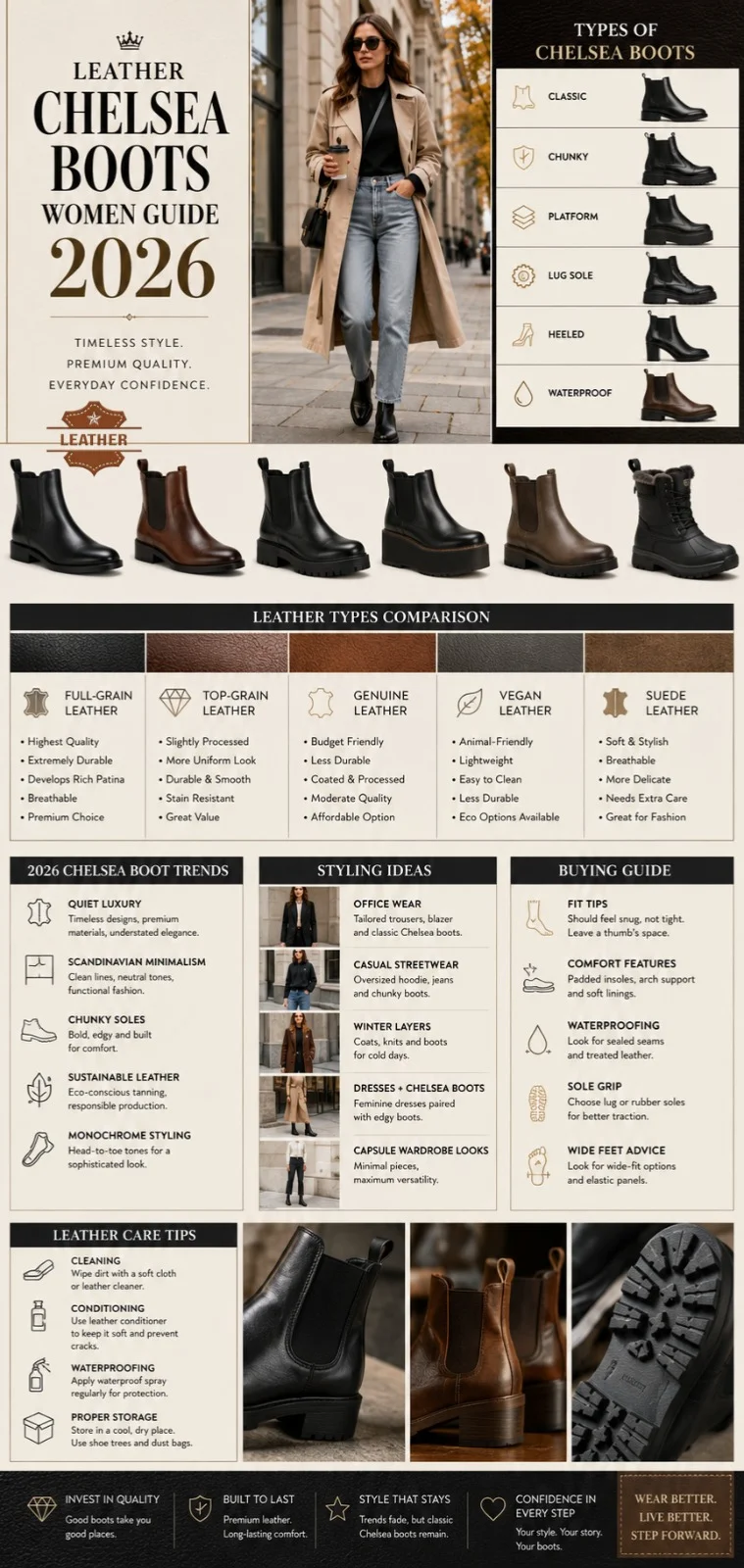 Woman wearing black leather Chelsea boots with a trench coat featuring women’s Chelsea boot styles, leather comparison guide, outfit ideas, and 2026 fashion trends infographic.