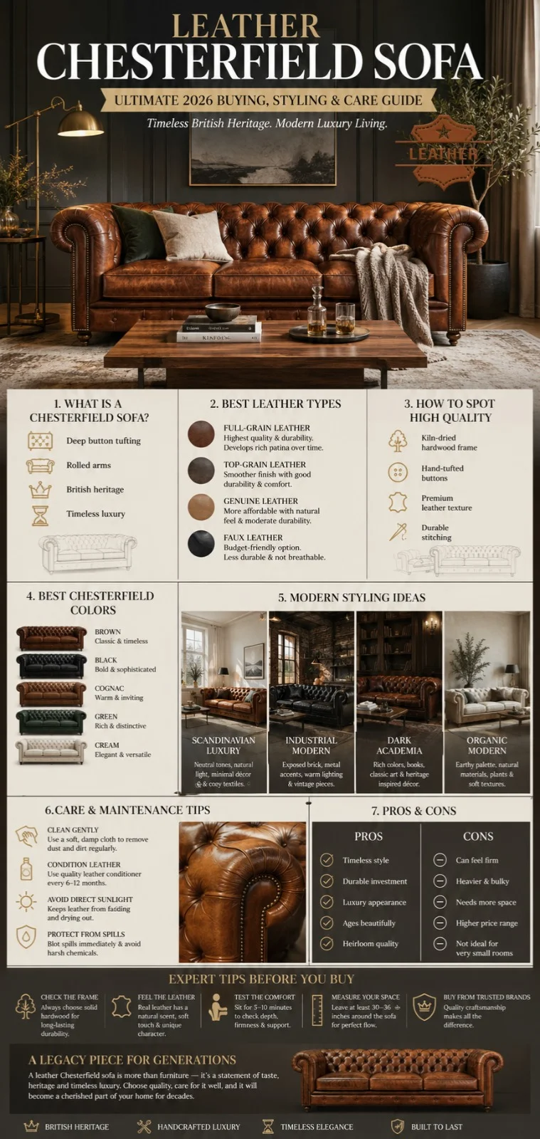 Luxury brown leather Chesterfield sofa infographic featuring buying guide, styling ideas, leather types, care tips, and modern living room inspiration for 2026.