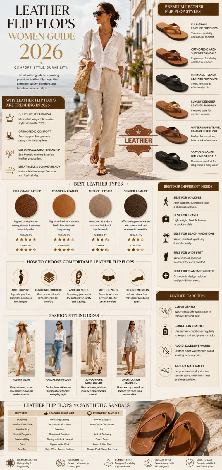 Luxury women’s leather flip flops infographic showing comfortable minimalist summer sandals, orthopedic arch support styles, leather types, fashion styling ideas, and a buying guide for 2026.