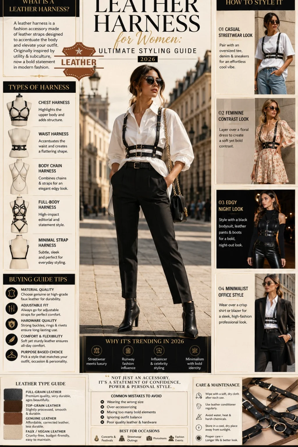 Leather harness for women styling guide infographic showing outfit ideas, types of leather harness, and fashion styling tips with a modern luxury streetwear look.