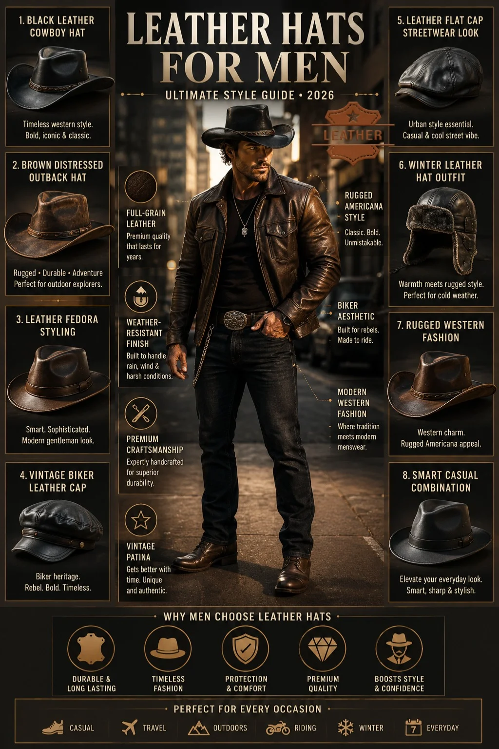 Stylish man wearing premium leather hats for men, including cowboy, fedora, biker, and vintage leather hat styles in a luxury 2026 fashion infographic.