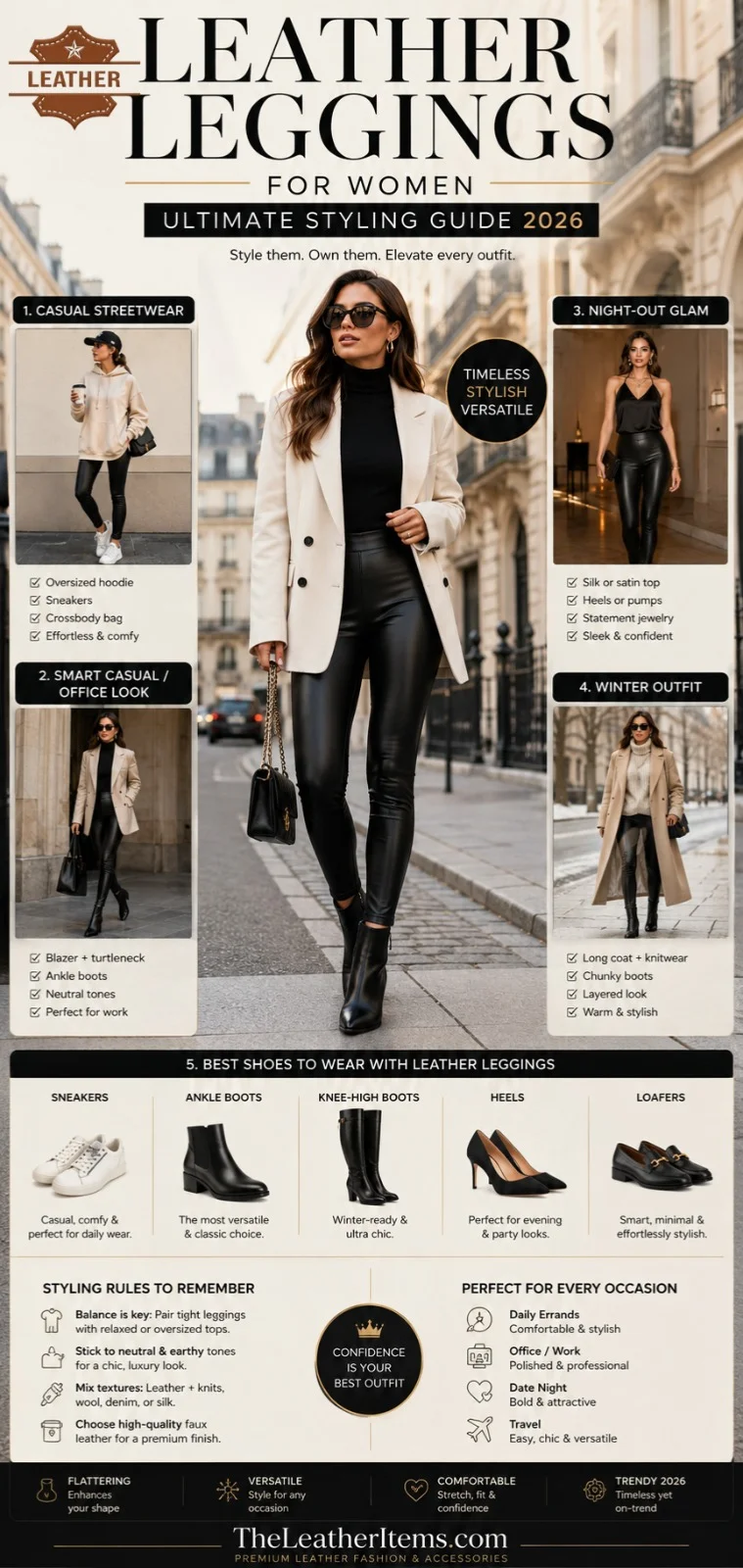 Leather leggings for women styling guide infographic showing outfit ideas including casual streetwear, office wear, winter outfits, and night-out fashion looks in a luxury editorial style.