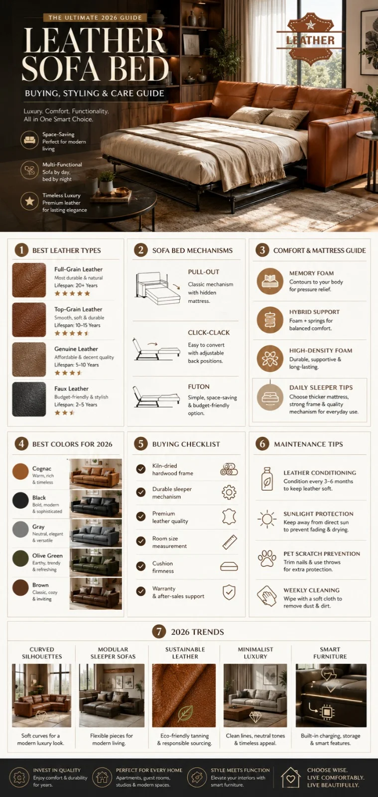 Luxury cognac leather sofa bed infographic showing 2026 buying guide, leather types, sleeper comfort tips, modern styling ideas, maintenance advice, and sofa bed trends.