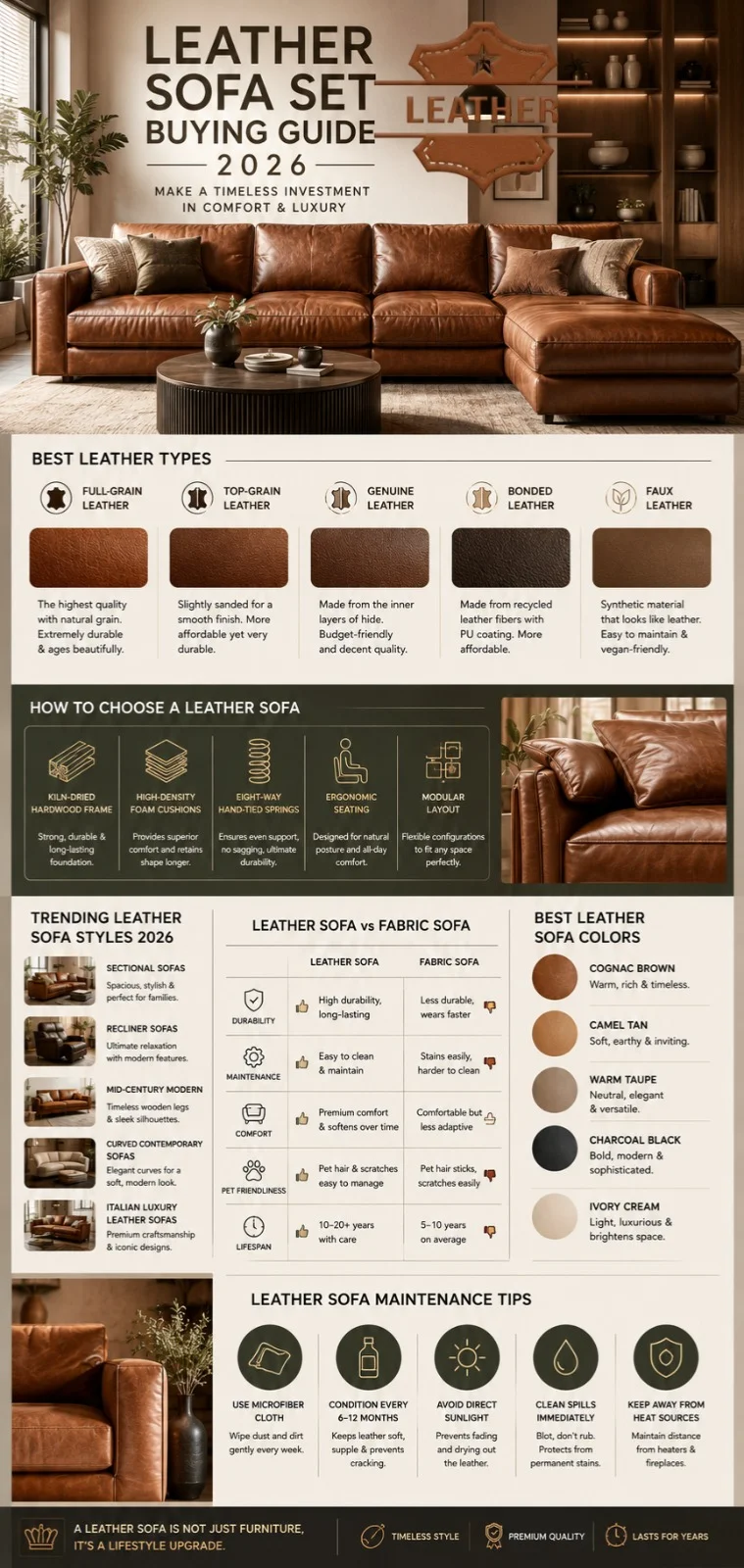 Luxury leather sofa set infographic showing leather types, buying tips, sofa styles, maintenance guide, and 2026 modern interior design trends.