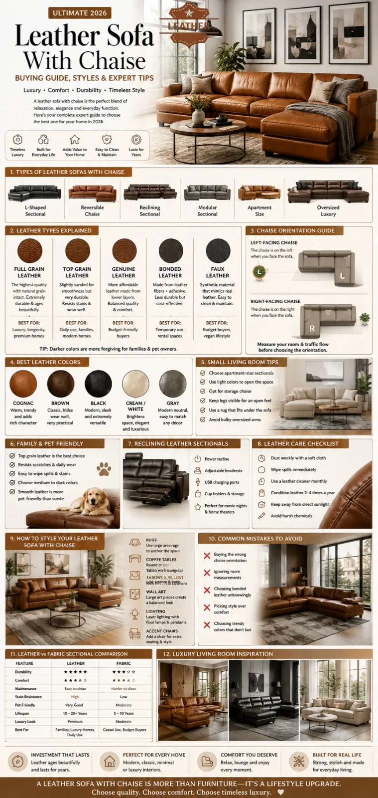 “Modern cognac leather sofa with chaise in luxury living room infographic showing leather types, sectional layouts, styling ideas, and 2026 buying tips”