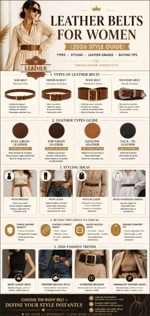 Leather belts for women 2026 style guide infographic showing types, styling ideas, leather grades, and fashion trends for modern outfits