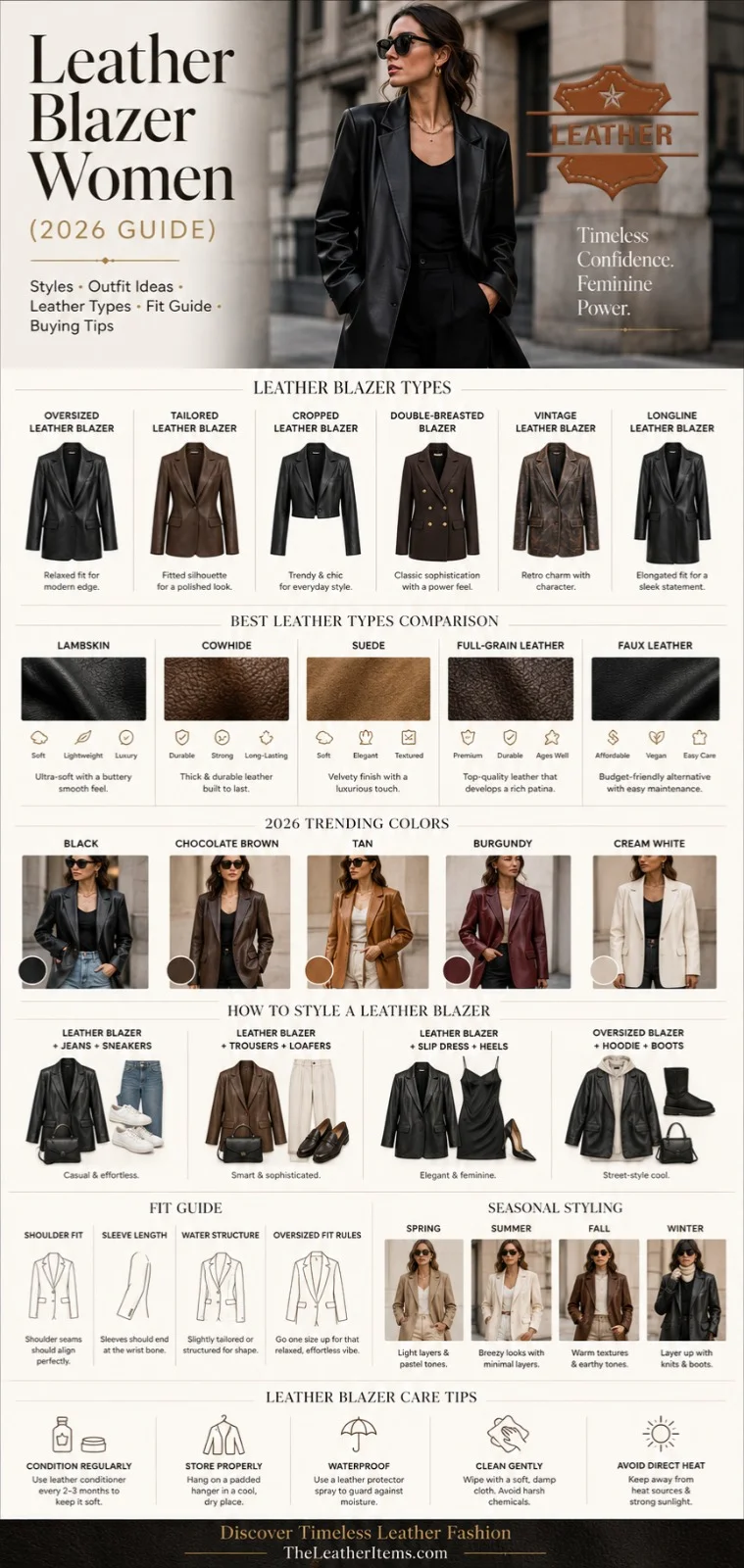 Leather blazer women infographic showing 2026 blazer styles, outfit ideas, leather types, fit guide, trending colors, and styling tips for women