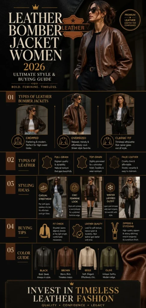 Leather bomber jacket women 2026 style guide infographic showing types, leather quality, outfit ideas, and buying tips for modern fashion styling.
