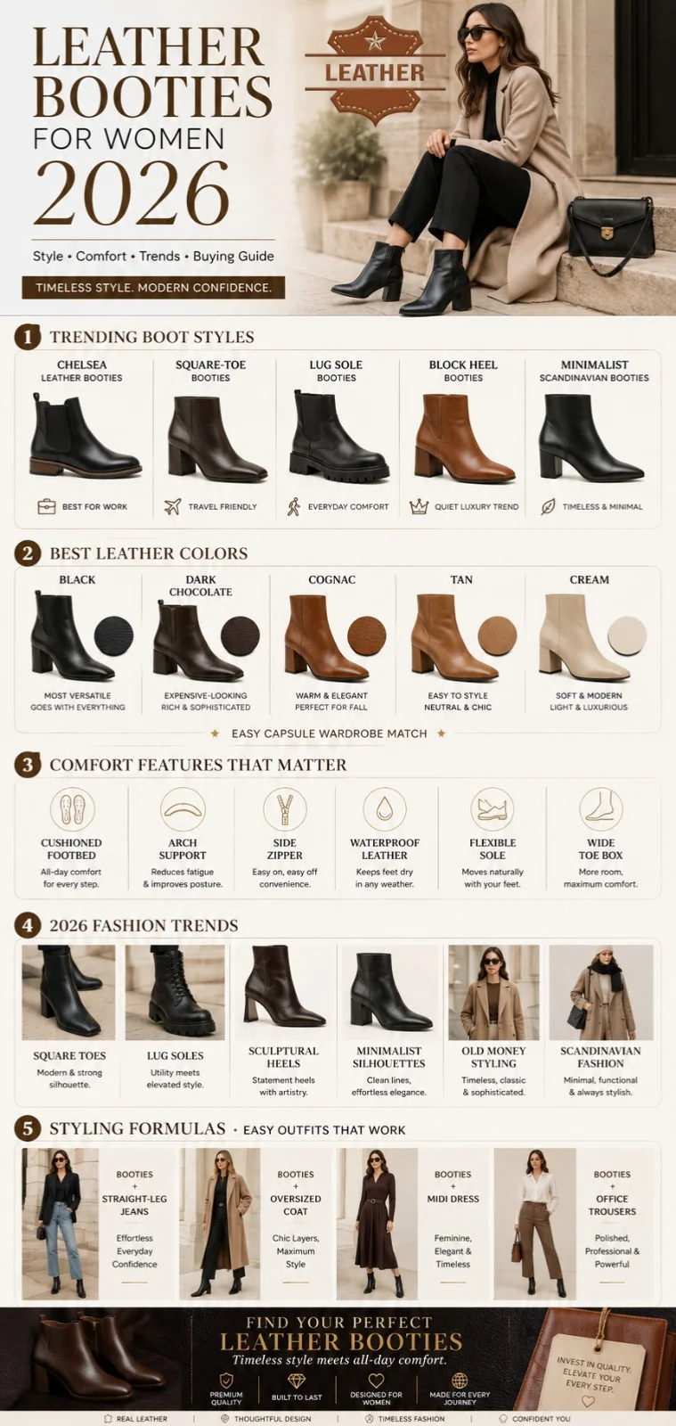 Luxury infographic showing leather booties for women in 2026, including Chelsea boots, square-toe styles, comfort features, outfit ideas, and leather color trends.