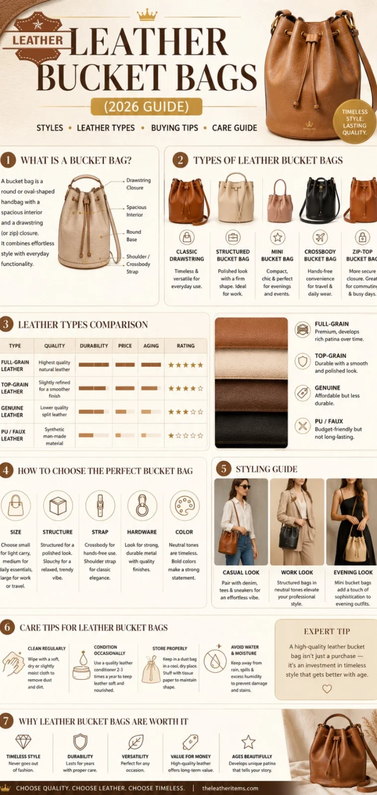Leather bucket bags infographic showing styles, leather types, buying tips, and care guide for choosing the best leather bucket bag in 2026.