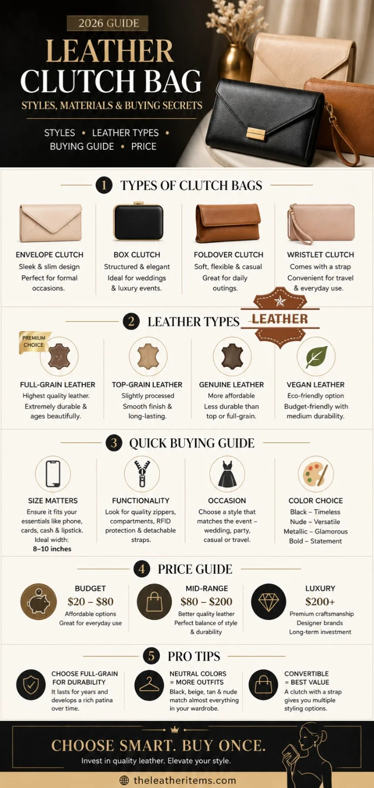Leather clutch bag infographic showing styles, leather types, price guide, and expert buying tips for choosing the best clutch bag in 2026