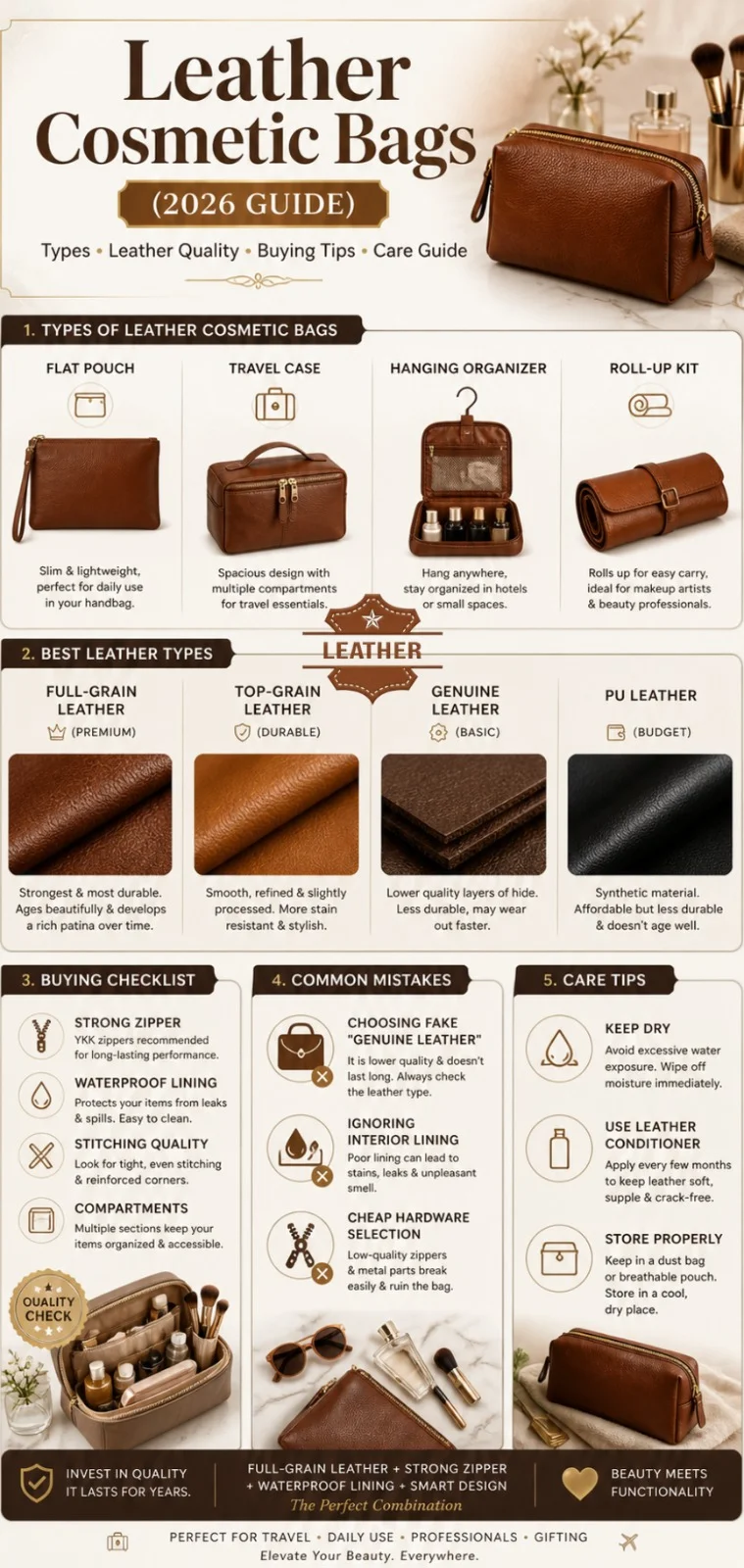 Leather cosmetic bags infographic showing types, leather quality, buying tips, and care guide for 2026 luxury makeup and travel organization.