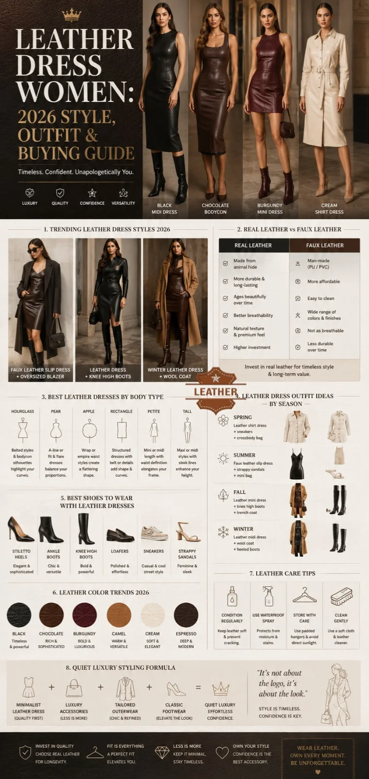 Luxury infographic showing women’s leather dress trends 2026, including black leather midi dresses, faux leather outfits, boots styling, body types, and quite luxurious fashion ideas.