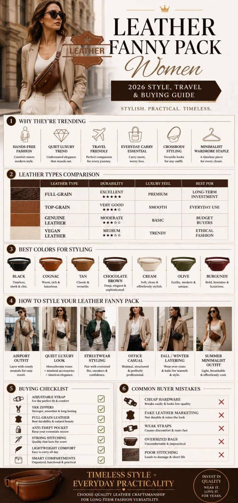 Luxury infographic showing the best leather fanny packs for women in 2026 with leather type comparison, outfit styling ideas, travel tips, and buying guide.