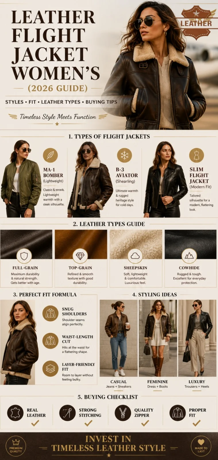 Leather flight jacket women’s guide infographic showing styles, fit tips, leather types, and buying checklist for bomber and aviator jackets.