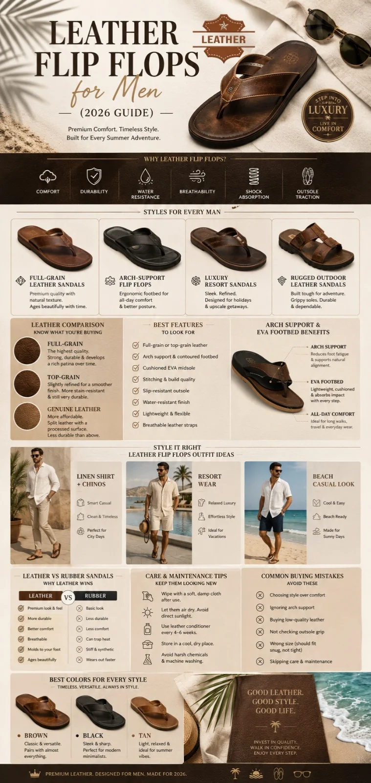 Leather flip flops for men infographic showing leather types, arch support, styling tips, comfort features, care guide, and buying advice for 2026.