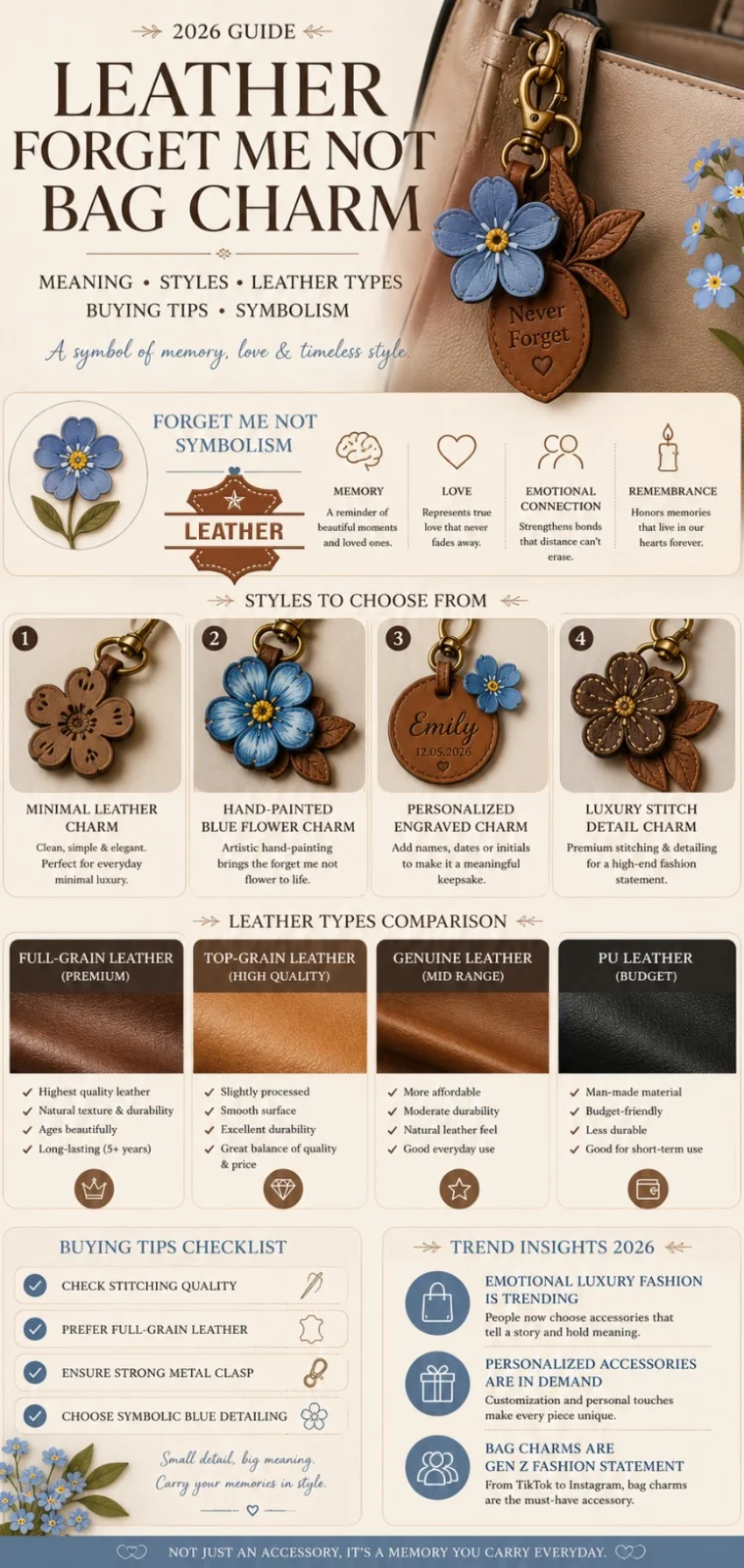 Leather Forget Me Not Bag Charm infographic showing meaning, styles, leather types, and buying tips for emotional luxury fashion accessories in 2026.