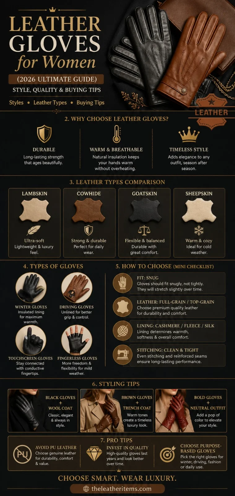 Leather gloves for women infographic showing types, leather materials, sizing guide, styling tips, and buying advice for winter and fashion use.