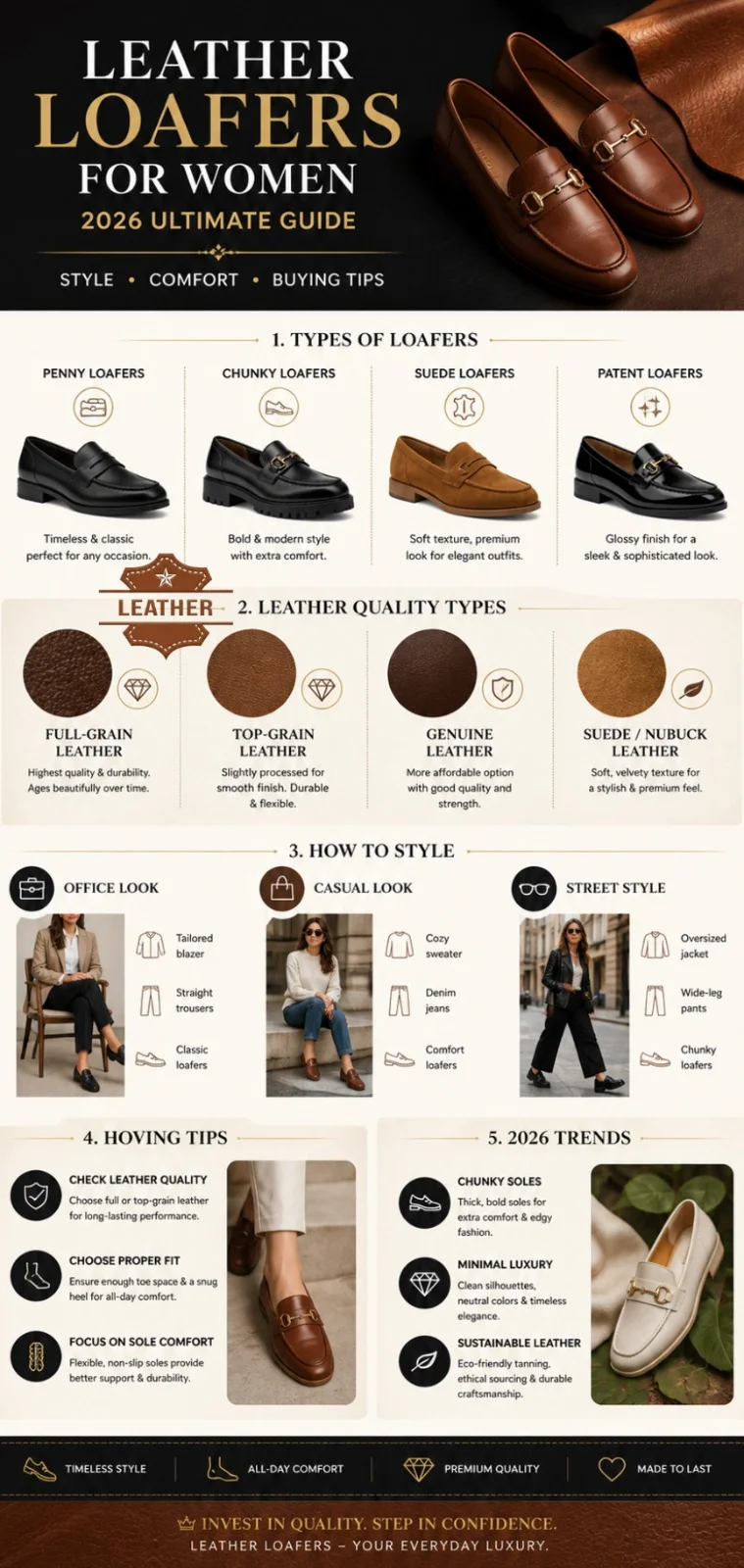 Leather loafers for women 2026 infographic showing styles, types, leather quality, outfit ideas, and buying tips for comfortable and trendy footwear.