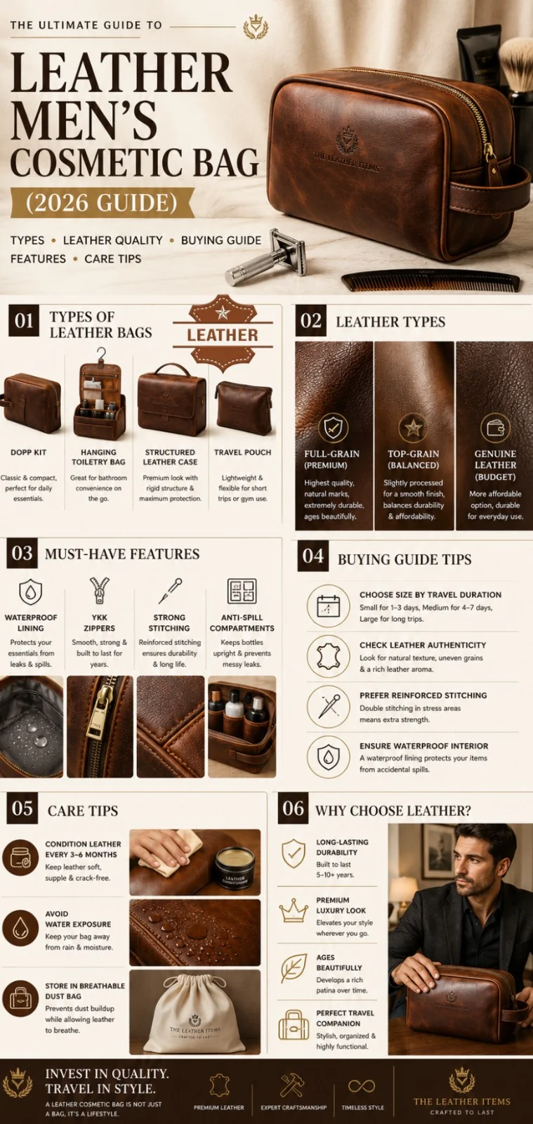 Leather men’s cosmetic bag infographic 2026 guide showing types, leather quality, buying tips, features, and care instructions for luxury travel grooming kits.